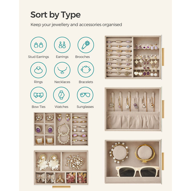 The Dressing Table Jewellery Organiser in white offers ample storage with various compartments designed for stud earrings, necklaces, bracelets, and other accessories. It's ideal for your dressing table, with icons on the left to indicate each type of item.