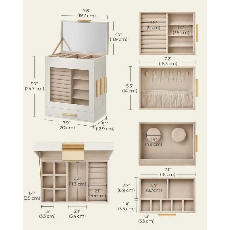 The Dressing Table Jewellery Organiser in white provides plenty of storage with designated sections for rings, earrings, and necklaces. It boasts a mirrored lid and showcases its beige interior when displayed open on a dressing table.