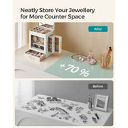 Split image depicting a messy tabletop on a dressing table full of jewelry and an orderly arrangement post-organization. The organized side features the Dressing Table Jewellery Organiser in white, sunglasses, a photo frame, and other small items. Text reads: Maximize Counter Space and Enjoy Ample Storage with Our Dressing Table Jewellery Organiser in White.