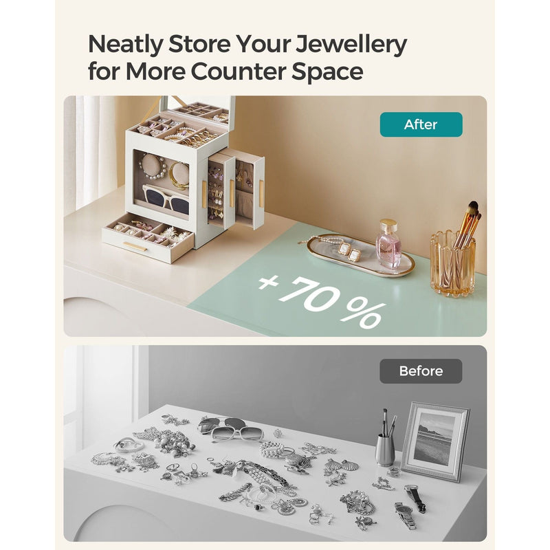 Split image depicting a messy tabletop on a dressing table full of jewelry and an orderly arrangement post-organization. The organized side features the Dressing Table Jewellery Organiser in white, sunglasses, a photo frame, and other small items. Text reads: Maximize Counter Space and Enjoy Ample Storage with Our Dressing Table Jewellery Organiser in White.