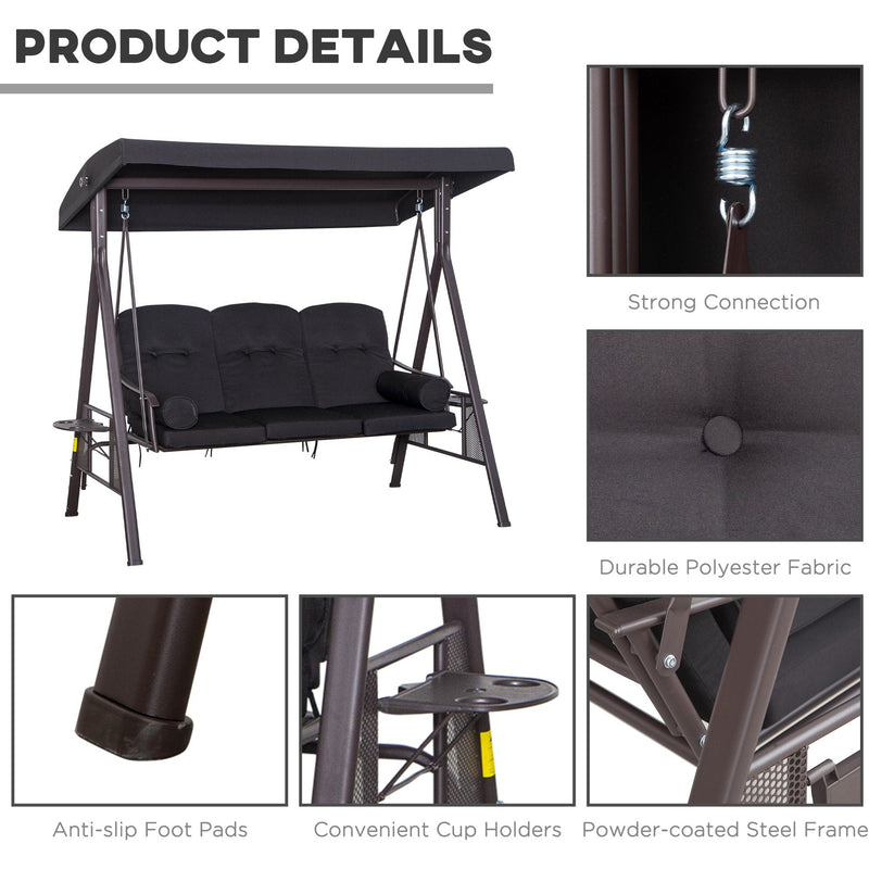 Black Outdoor Swing Chair With Canopy & Cup Trays Outsunny