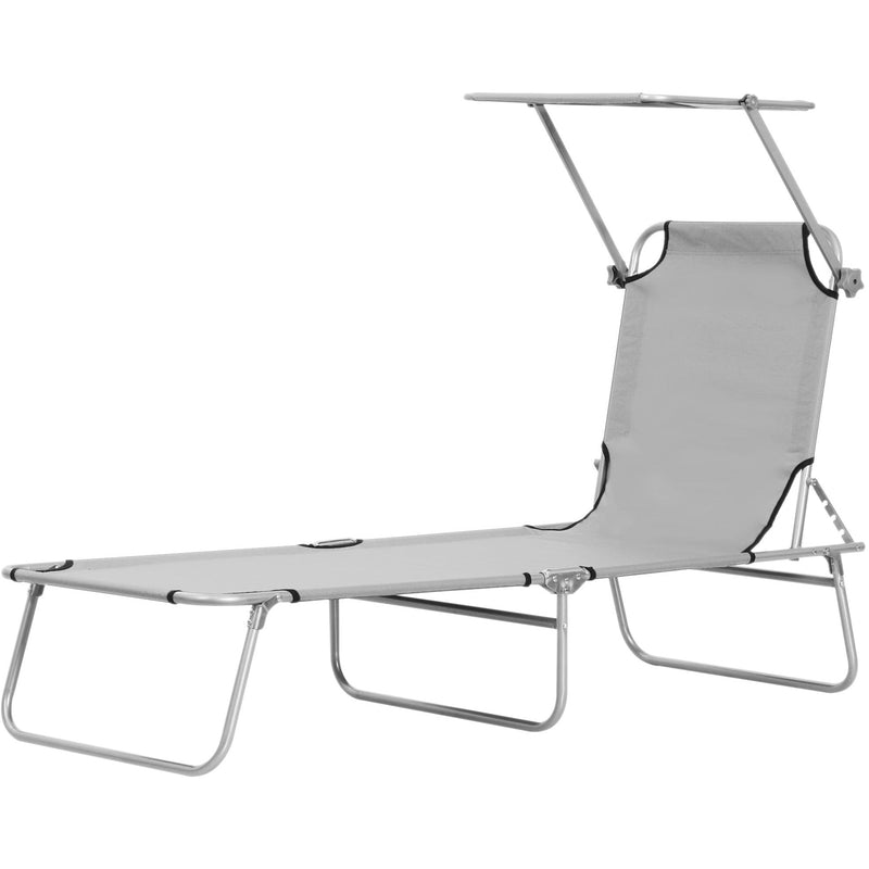 Outsunny Reclining Chair Folding Lounger Seat with Sun Shade Awning Beach Garden Outdoor Patio Recliner Adjustable, Light Grey Outsunny
