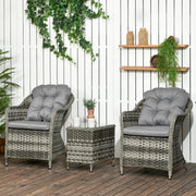 Outsunny Modern 3 PCS Rattan Bistro Set, Patio Aluminium Balcony Furniture with Soft Cushions & Glass Top Table for Garden, Backyard, Grey Outsunny