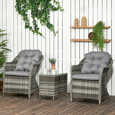 Outsunny Modern 3 PCS Rattan Bistro Set, Patio Aluminium Balcony Furniture with Soft Cushions & Glass Top Table for Garden, Backyard, Grey Outsunny