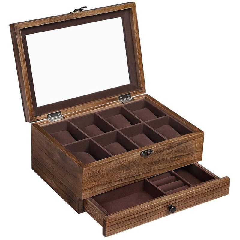 8 Slot Wooden Watch Box With Glass Top And Drawer