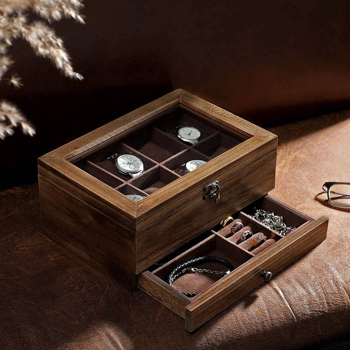 8 Slot Wooden Watch Box With Glass Top And Drawer