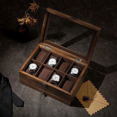 8 Slot Wooden Watch Box With Glass Top And Drawer SONGMICS