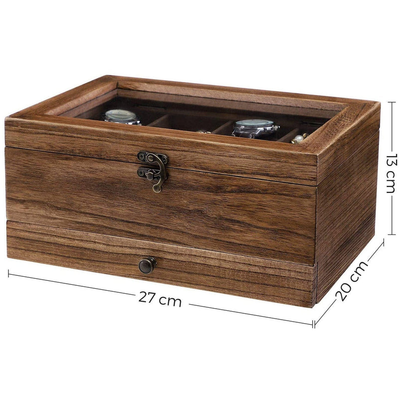 8 Slot Wooden Watch Box With Glass Top And Drawer