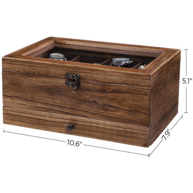 8 Slot Wooden Watch Box With Glass Top And Drawer