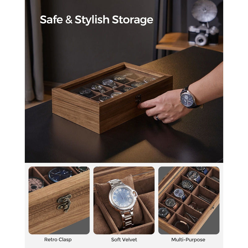 Wooden Watch Box Glass Top 12 Watches by Songmics