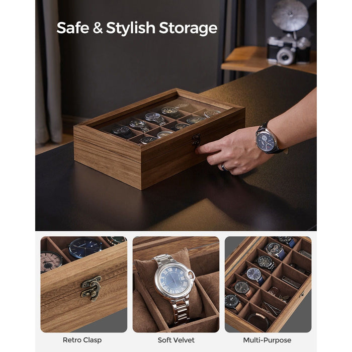 Wooden Watch Box Glass Top 12 Watches