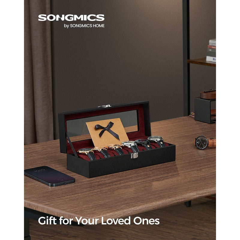Songmics Watch Box For 6 Watches Black Leather