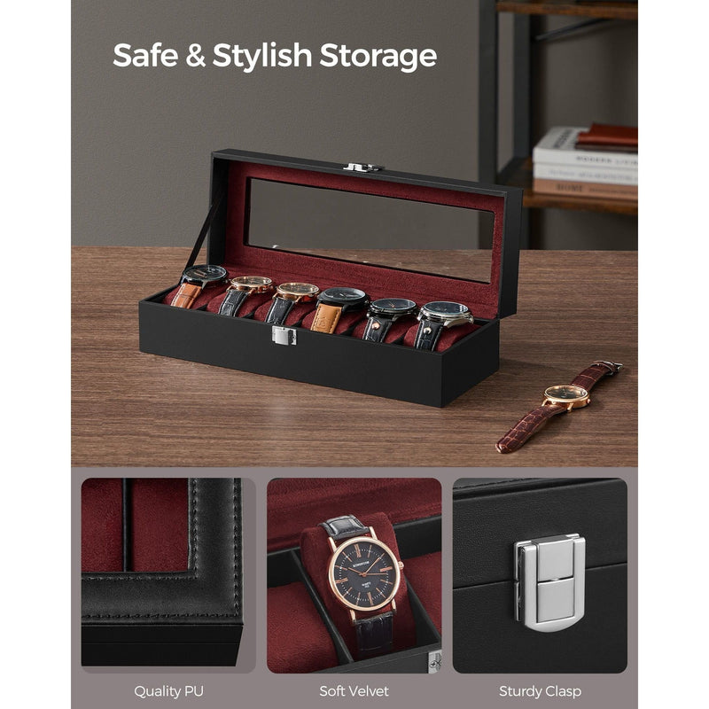 Songmics Watch Box For 6 Watches Black Leather
