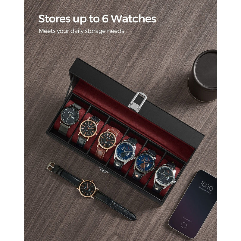 Songmics Watch Box For 6 Watches Black Leather