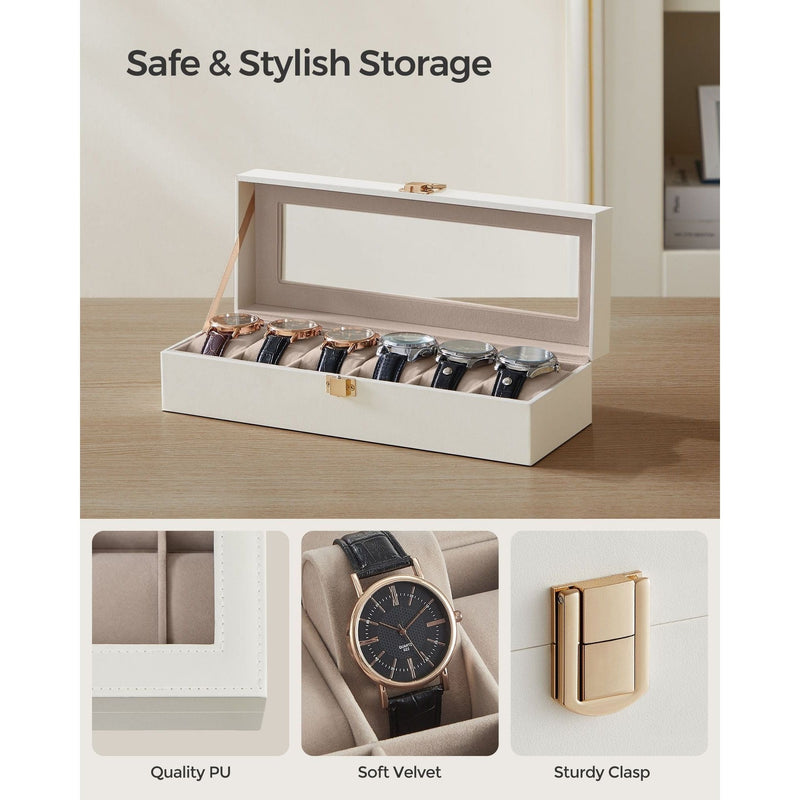 Songmics Watch Box For 6 Watches White Leather