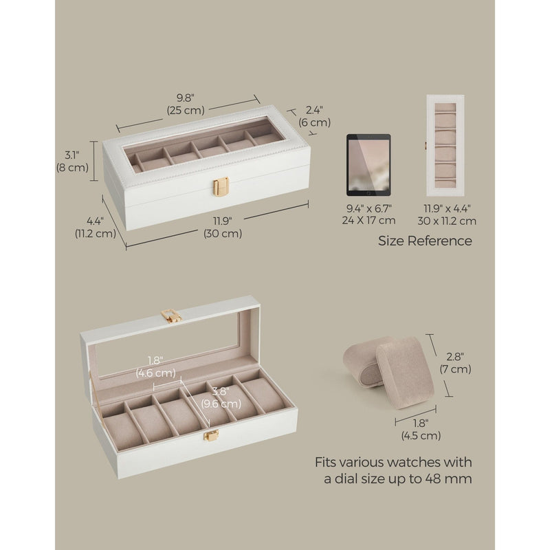 Songmics Watch Box For 6 Watches White Leather