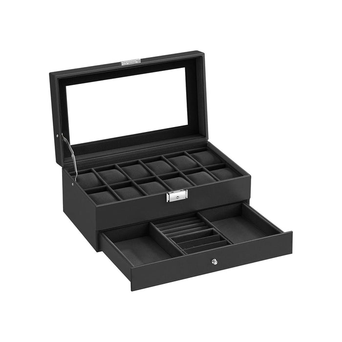 Songmics Watch Display Case With Drawer Black Leather