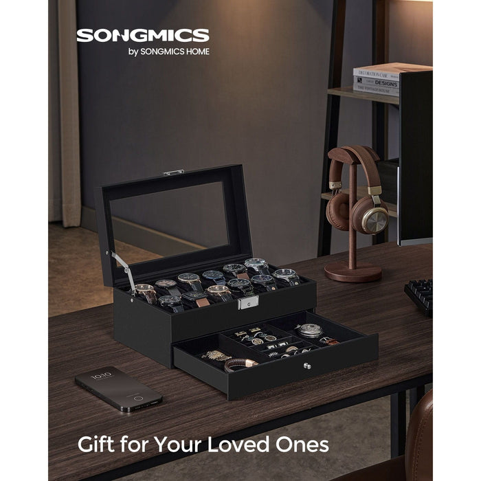 Songmics Watch Display Case With Drawer Black Leather