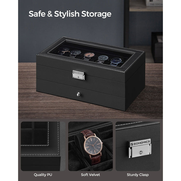 Songmics Watch Display Case With Drawer Black Leather