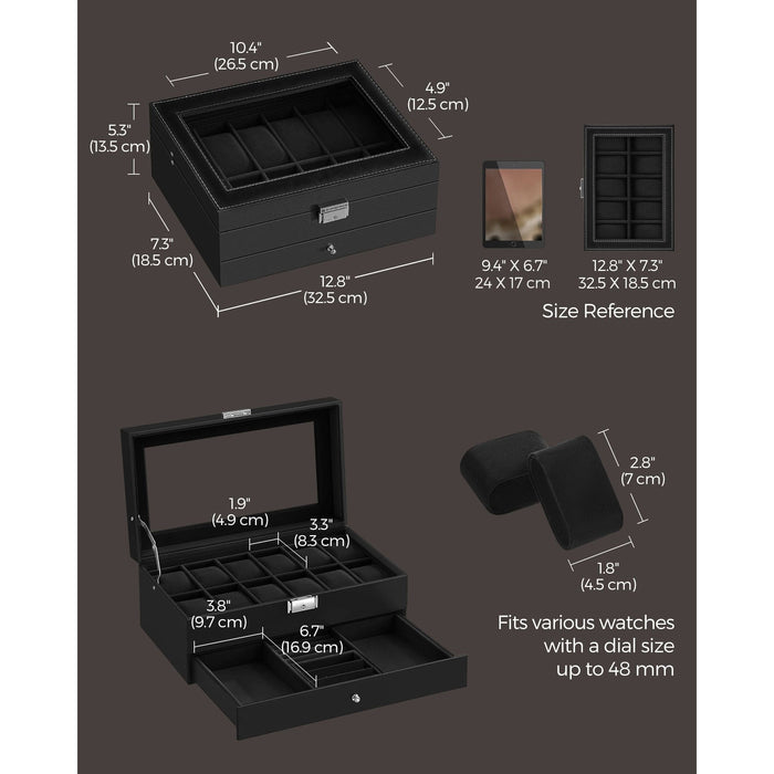 Songmics Watch Display Case With Drawer Black Leather