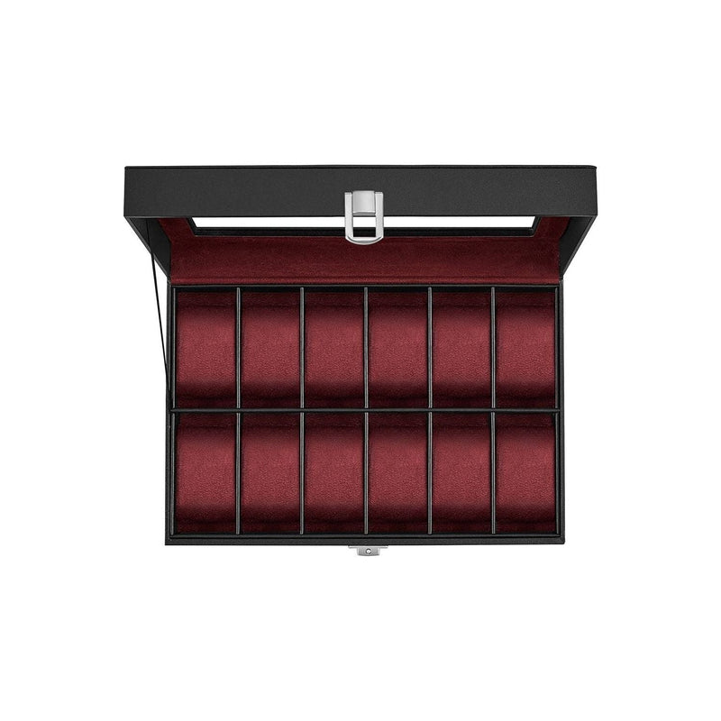 Songmics 12 Slot Watch Box Black Leather With Red Lining