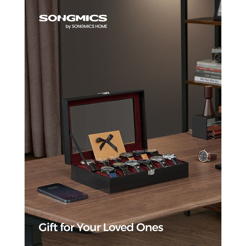 Songmics 12 Slot Watch Box Black Leather With Red Lining