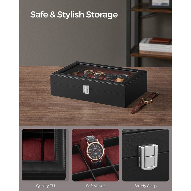 Songmics 12 Slot Watch Box Black Leather With Red Lining