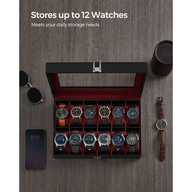 Songmics 12 Slot Watch Box Black Leather With Red Lining
