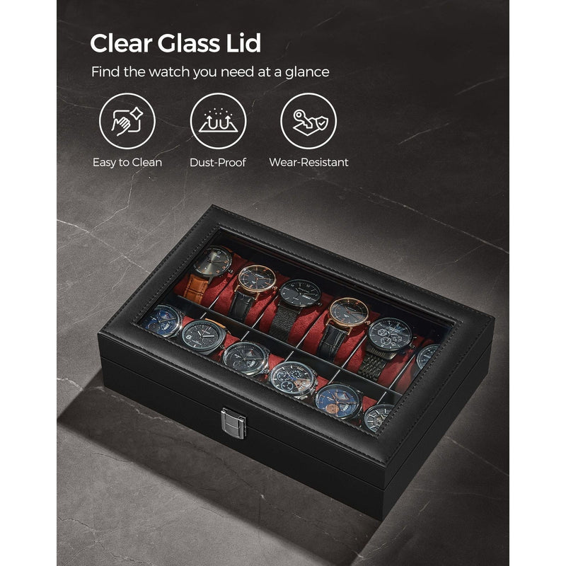 Songmics 12 Slot Watch Box Black Leather With Red Lining