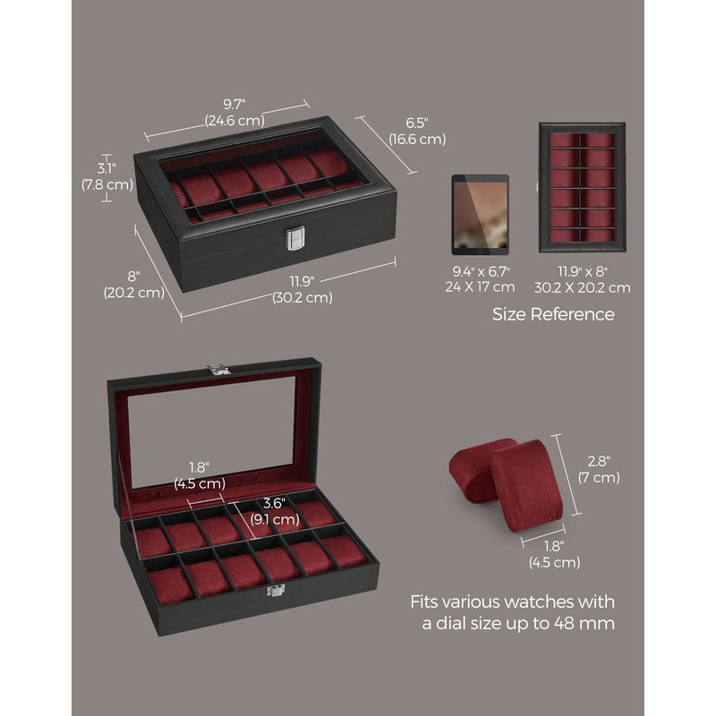 Songmics 12 Slot Watch Box Black Leather With Red Lining