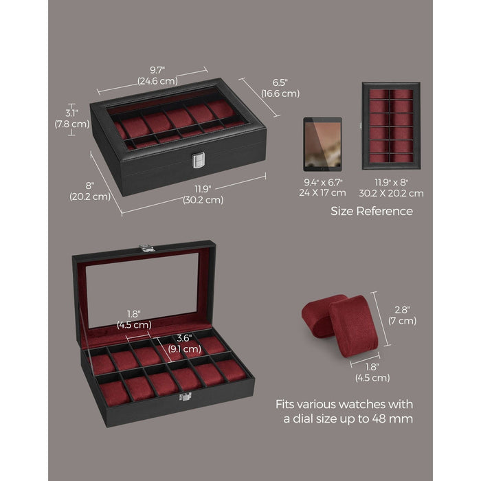 12 Slot Watch Box Black Red Lining