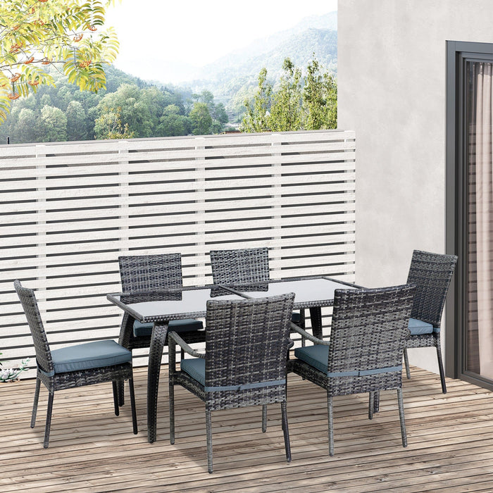 6 Seater Rattan Dining Set with Glass Table, Grey