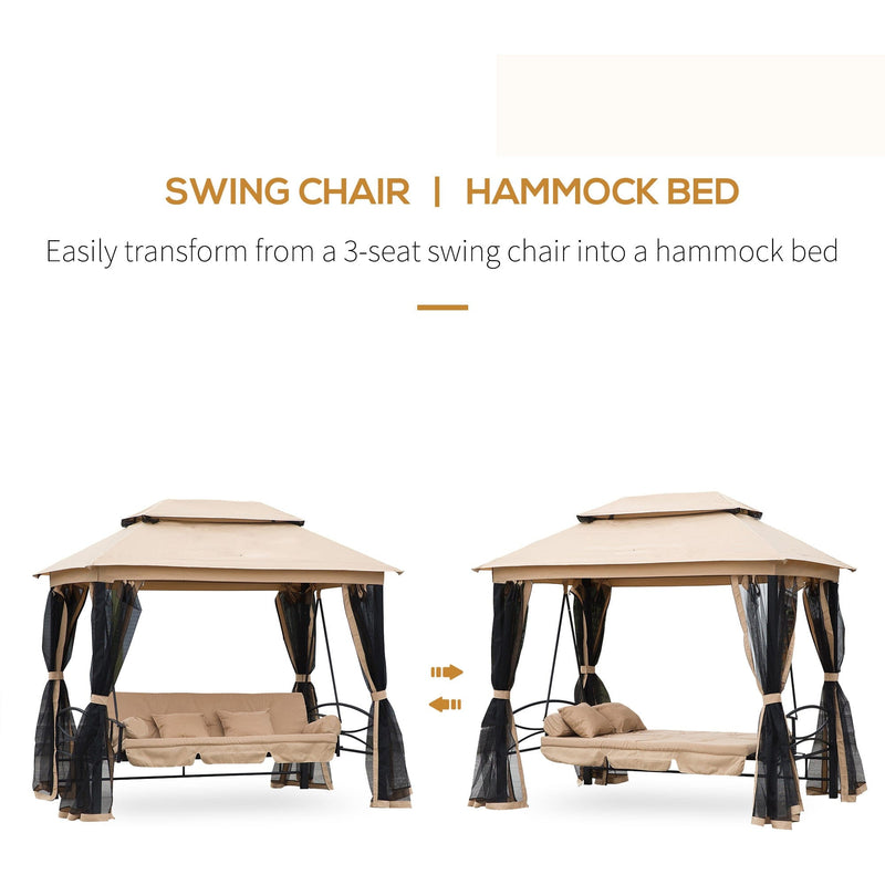 3 Seater Swing Chair 3-in-1 Hammock Bed Patio Bench, Beige Outsunny