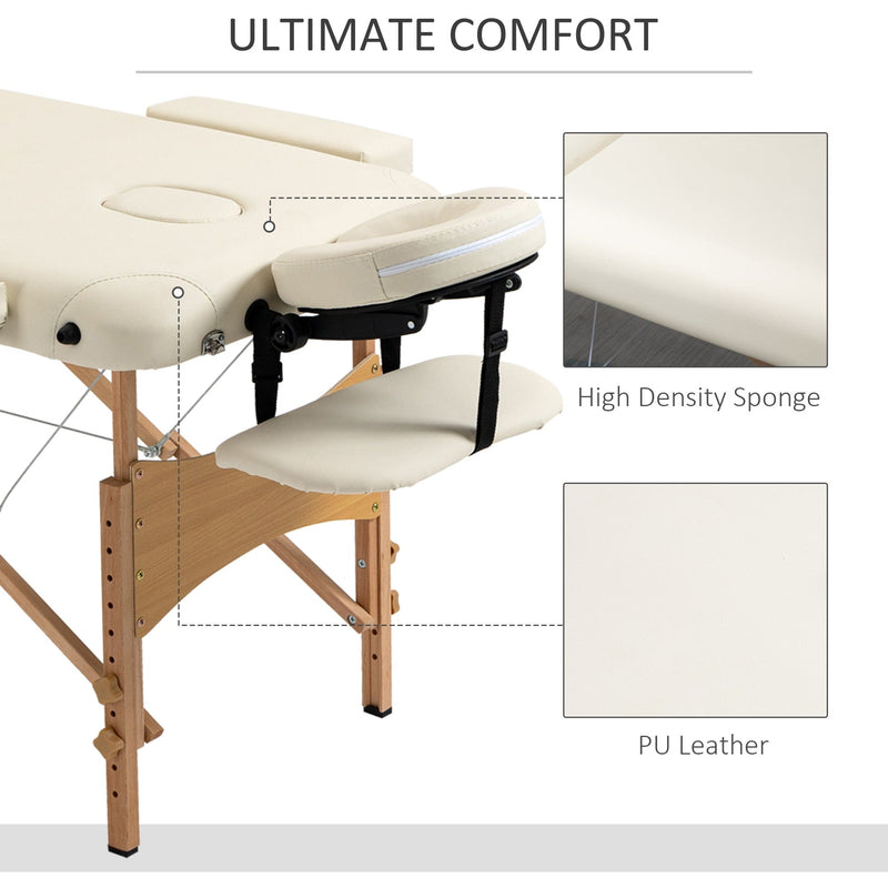 Cream Portable Massage Bed, 2 Sections, Wooden Frame, Bag