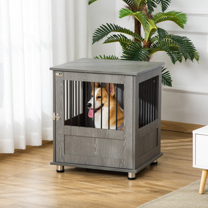 Wooden End Table Dog Crate with Magnetic Door, Grey