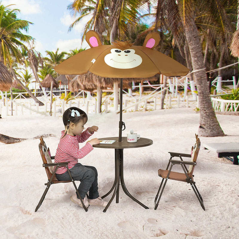 Outsunny Kids Picnic & Table Chair set, Outdoor Folding Garden Furniture w/ Monkey Design, Removable, Adjustable Sun Umbrella, Ages 3-6 Years - Brown Outsunny