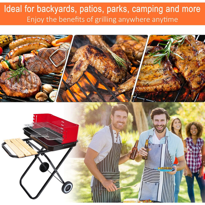 Foldable Charcoal Grill with Wheels - Red & Black