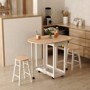 HOMCOM 3PC Wooden Kitchen Cart Mobile Rolling Trolley Folding Bar Table Two Stools Dining Chair Storage Shelf w/2 Drawers & 6 Wheels Homcom