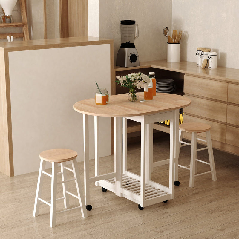 HOMCOM 3PC Wooden Kitchen Cart Mobile Rolling Trolley Folding Bar Table Two Stools Dining Chair Storage Shelf w/2 Drawers & 6 Wheels Homcom