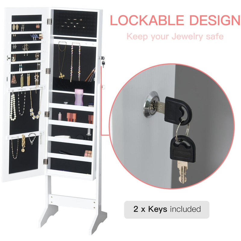 Jewellery Cabinet, Full-Length Mirror, Lockable, White