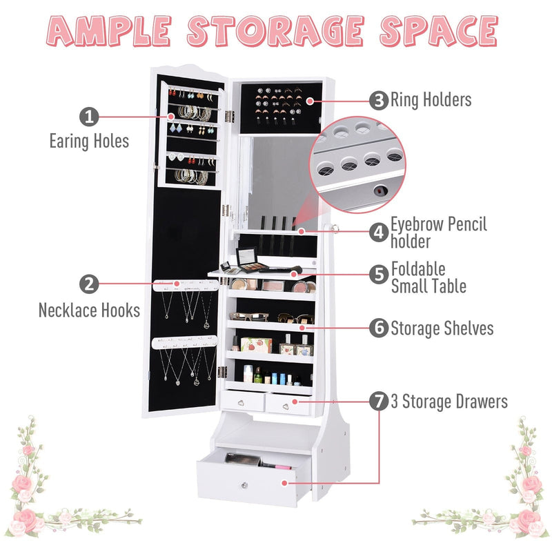 Mirrored Jewelry Cabinet, Full-Length Mirror, Flip-Over Shelf, Lock, White