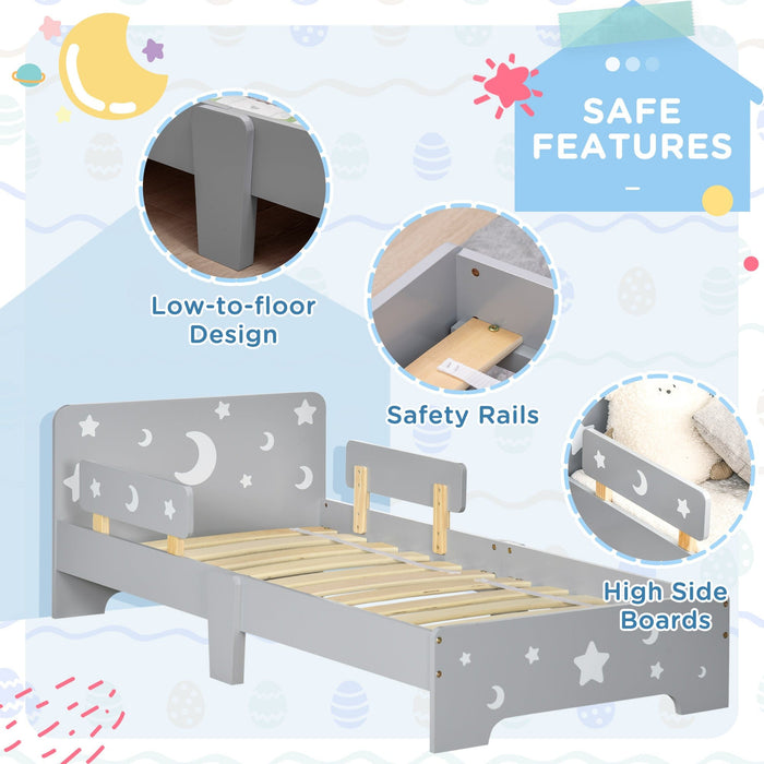 Grey Toddler Bed (3-6 Years): 143x76x49cm, Star & Moon Patterns