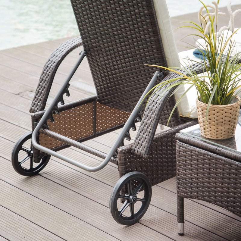 3pc Rattan Garden Lounge Set, Wheeled Loungers, Table
