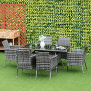 6 Seater Rattan Dining Set with Table - Grey Outsunny