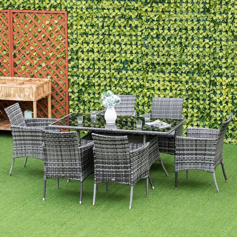 6 Seater Rattan Dining Set with Table - Grey Outsunny