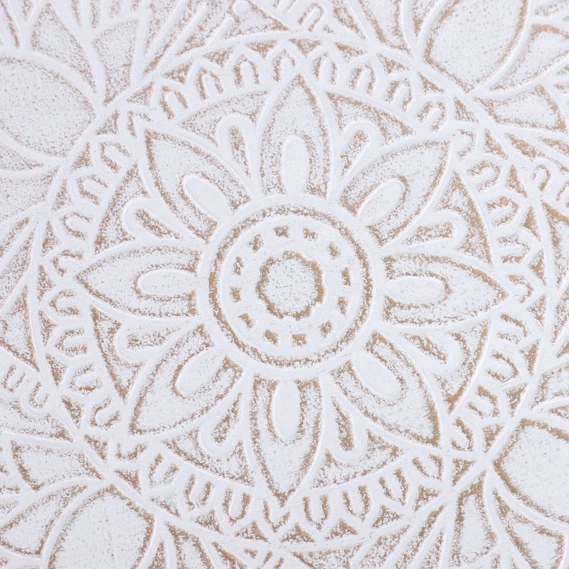 Flower Etched Side Table with Saucer Top, Wood Legs, White