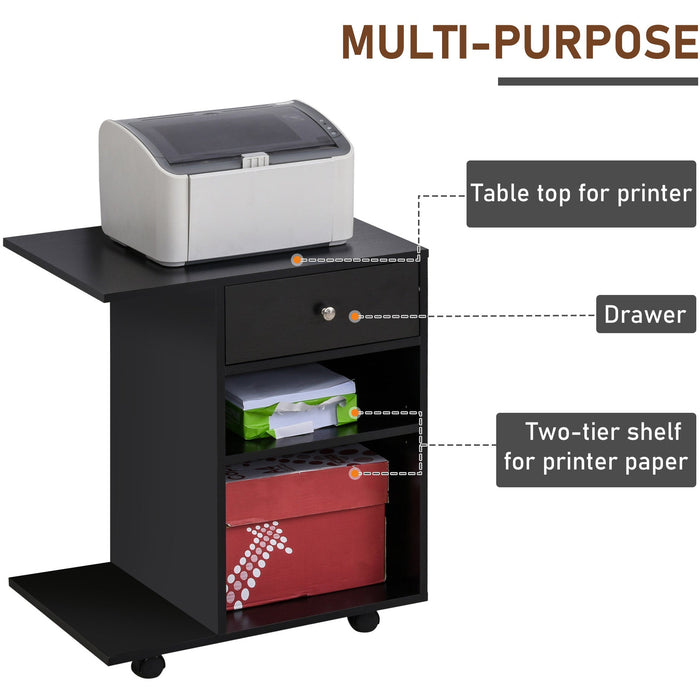 Black Mobile Printer Cart with CPU Stand & Drawer