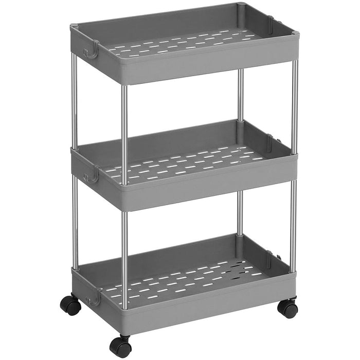 Grey 3-Tier Plastic Storage Trolley with Hooks