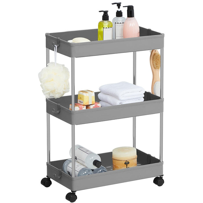 Grey 3-Tier Plastic Storage Trolley with Hooks