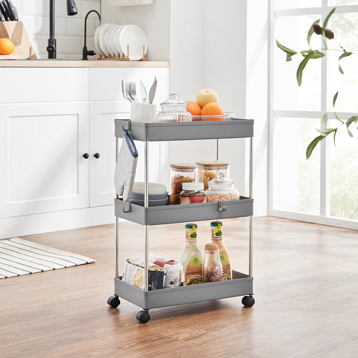 Grey 3-Tier Plastic Storage Trolley with Hooks